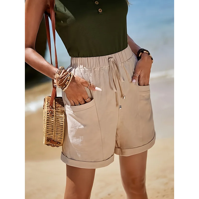 

European and American New Hot Style Summer New Women's Linen Pocket Solid Color Loose High Waist Casual Fashion Shorts