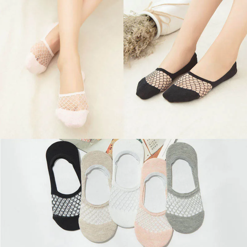 

5 Pairs of Combed Cotton Non-Slip Silicone Invisible Socks Ladies Summer Fresh Mesh Shallow Boat Socks