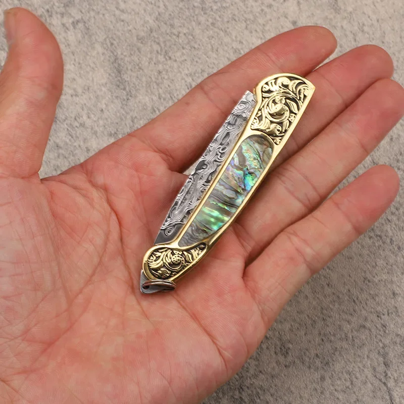 VG10 Damascus Steel Small Folding Blade Knife Brass + Abalone Shell Handle Mini Pocket Knives Keychain Tools For Survival