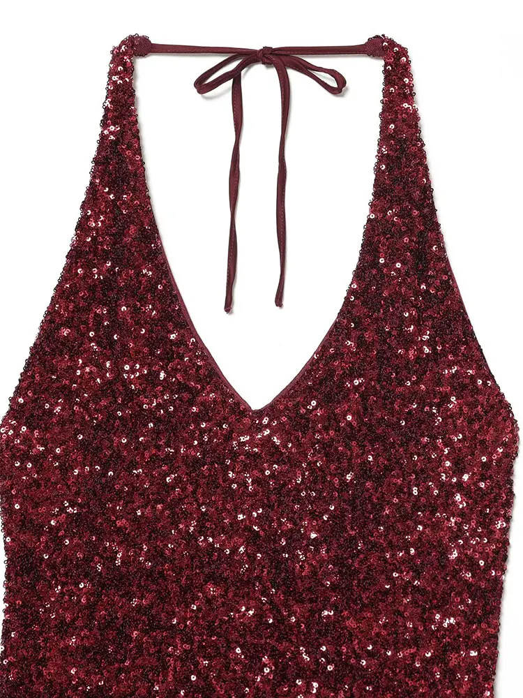 NLZGMSJ 시크 레드 스팽글 파티 드레스 홀터 백리스 롱 드레스 패션 2025 이브닝 클럽 스트레이트 엘레강트 새해 드레스