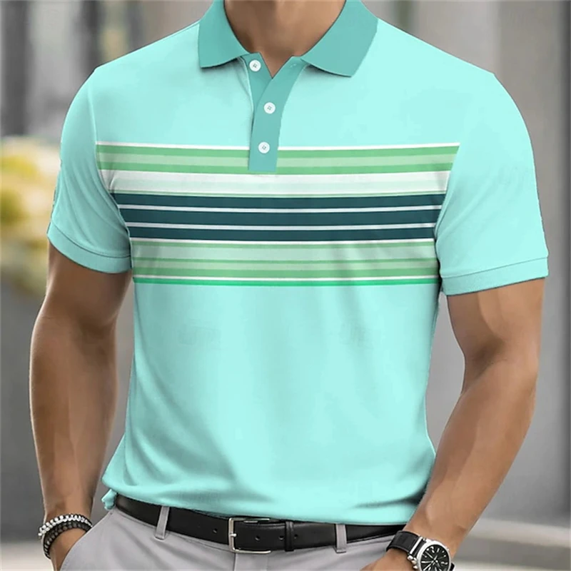 Colorful Striped Polo Shirt For Men 3D Printed Color Block Pattern Short Sleeves Summer Casual Lapel Tops Loose Tees T-Shirts