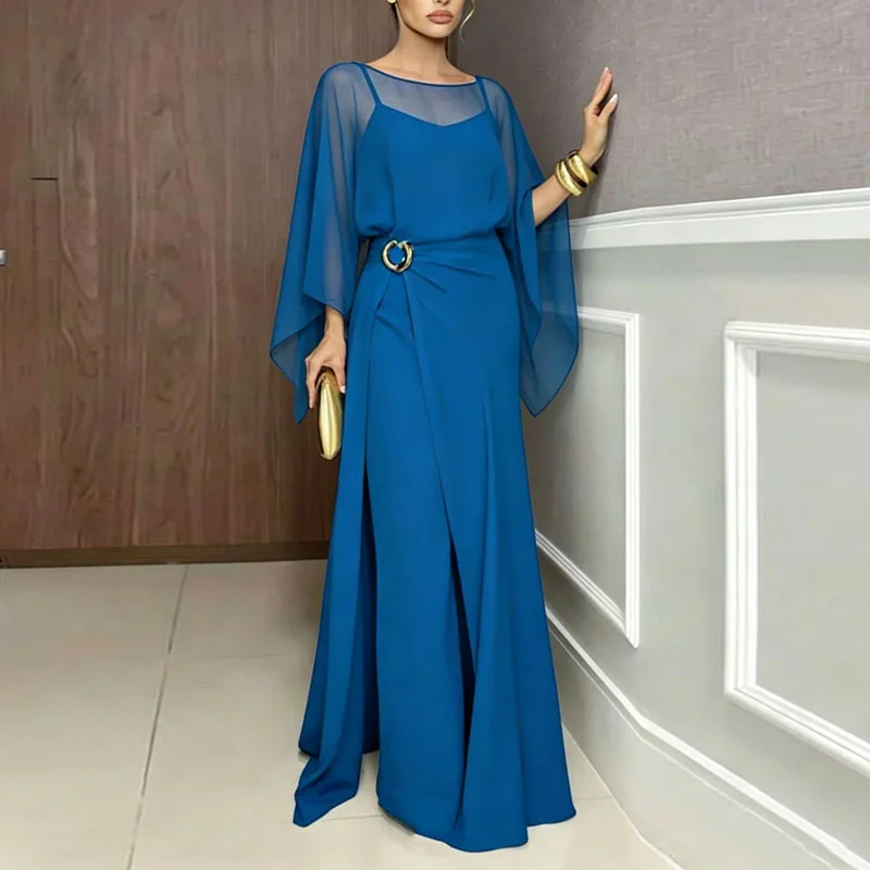 Women Formal Jumpsuit 2Pcs Set Sheer Flare Sleeve High Waist Split Overlay Wide Playsuit Suit Evening Prom Wedding Romper Outfit view 6