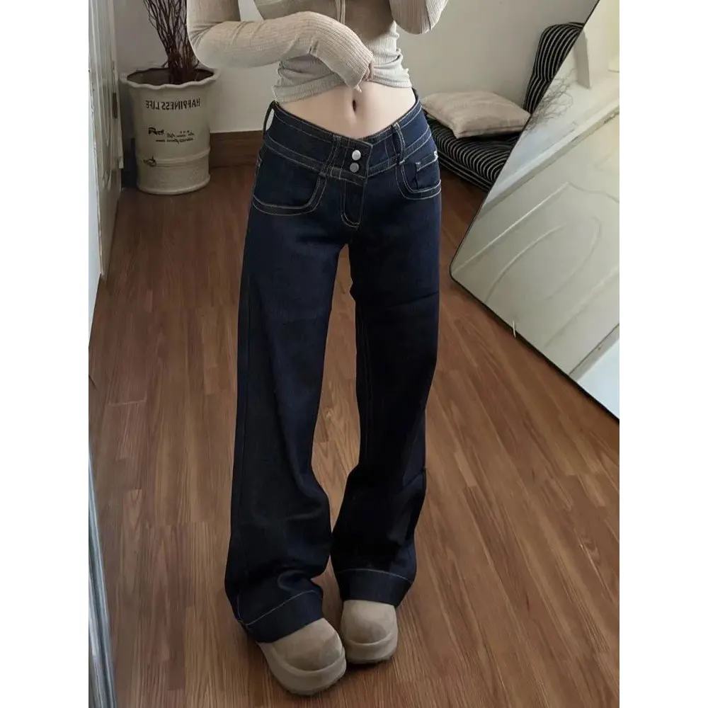 

Womens Jeans New American Style Double Waist Button Bootcut Loose Fit Low Rise Straight Leg Pants Not Tight