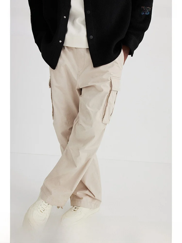 

H&M Men's Casual Cotton Elastic Waist Straight Leg Workwear Pants Commuter Long Trousers Spring Seasonal Faion Clothing