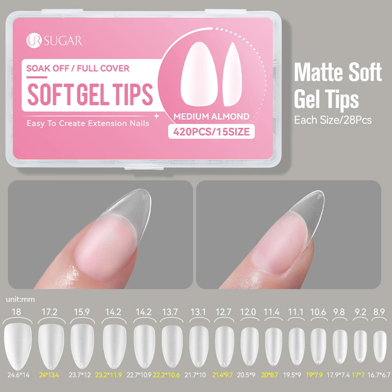 UR SUGAR 420 Stück matte, weiche Gel-Tips für schnelle Nagelverlängerung, mandelförmige, transparente Acryl-Kunstnägel für Maniküre-Werkzeuge