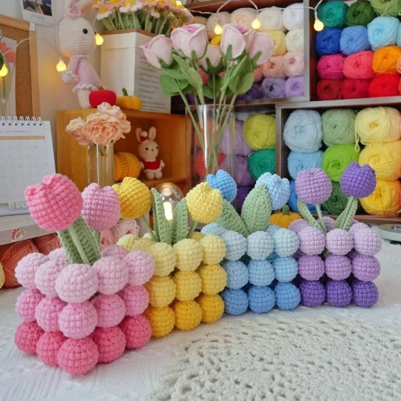 Unfinished Flower Crochet Handmade Woven Flower Potted Artificial Knitted Crochet Tulip Ornaments Home Desktop Wedding Decor