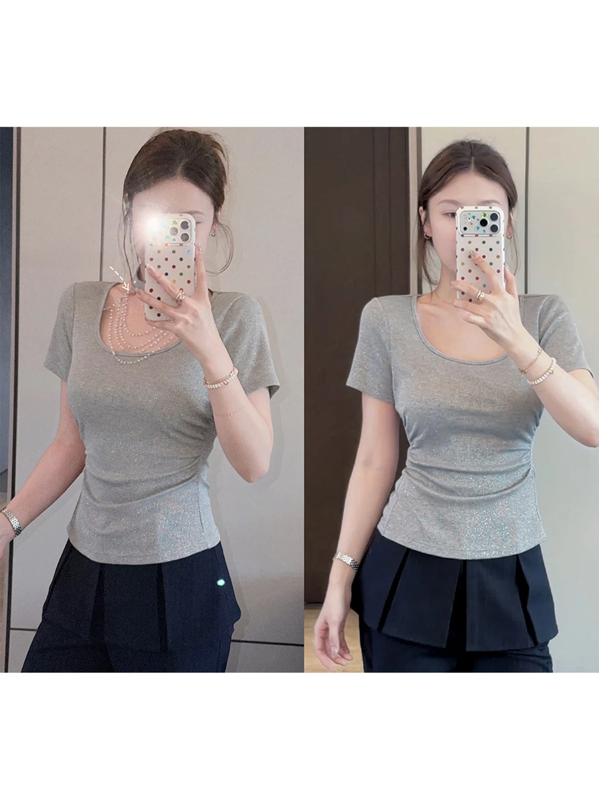 

Terry Wang Handmade Beaded Design Shiny Thread Elegant Neck Knitted Sweater 2026 Summer Style Women's Knitwear round Neck Sho...