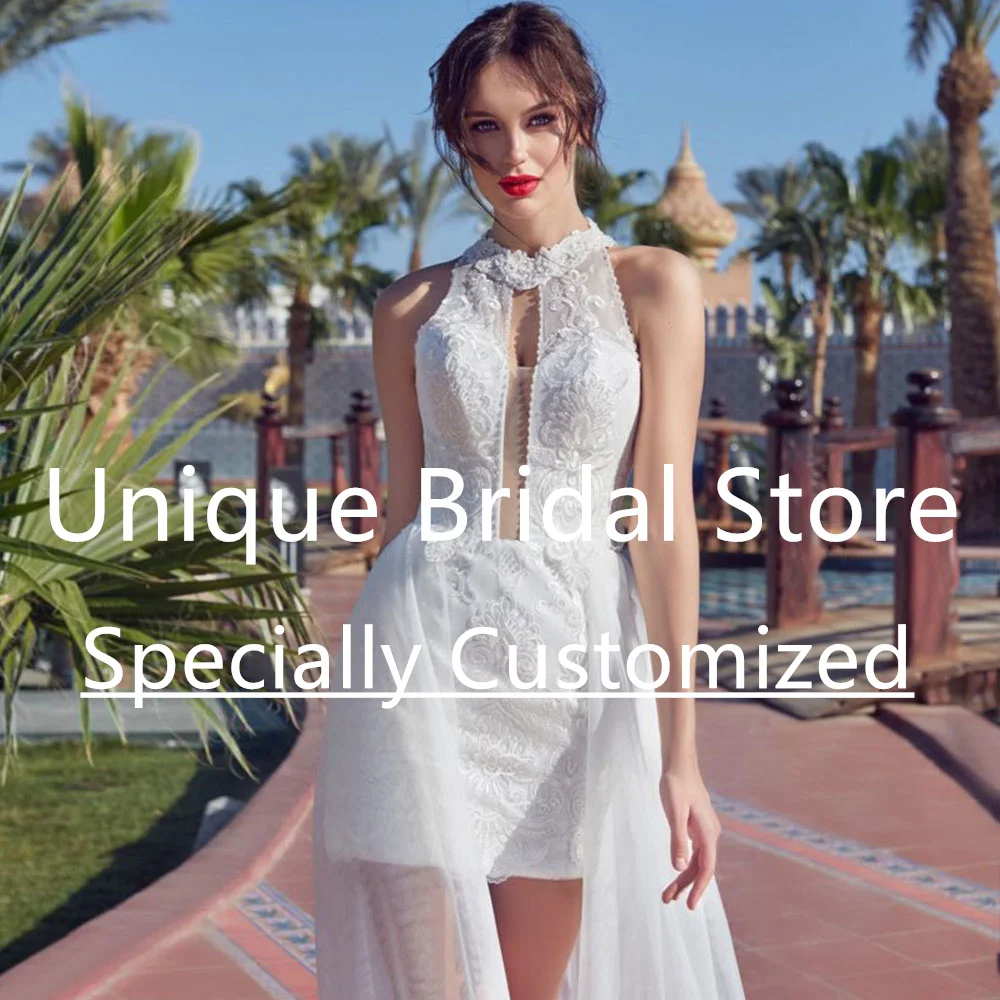 2023 Boho Modern Wedding Dresses For Women Crew-Neck Sleeveless Hi-Lo Appliques Court Train Vestido De Noiva Custom Size