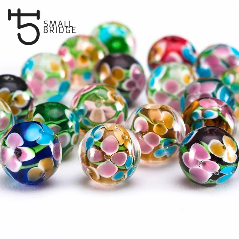 Cuentas de cristal de Murano hechas a mano para mujer, cuentas redondas transparentes de flores, fabricación de joyas Diy, venta al por mayor, L201,