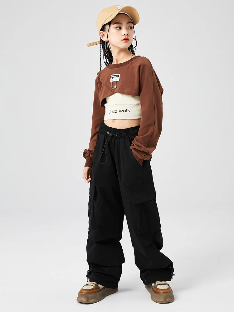 Kpop-女の子のためのヒップホップスタイルの服,長袖トップ,黒,モダンなダンスパフォーマンスの衣装,l9343