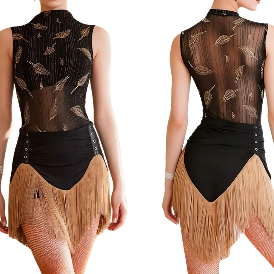 CLYFAN Women Latin Dance Costume Set Feather Print Mesh Top + Fringe Skirt Salsa Cha Cha Practice Wear
