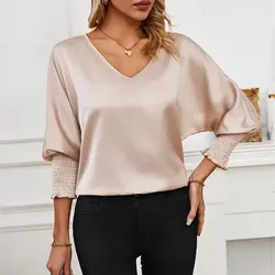 Elegant Satin Shirts Blouses Women Tank Top Solid Puff Short Sleeve V-neck Loose Female Tshirt 2024 Spring Summer Lady Like Silk