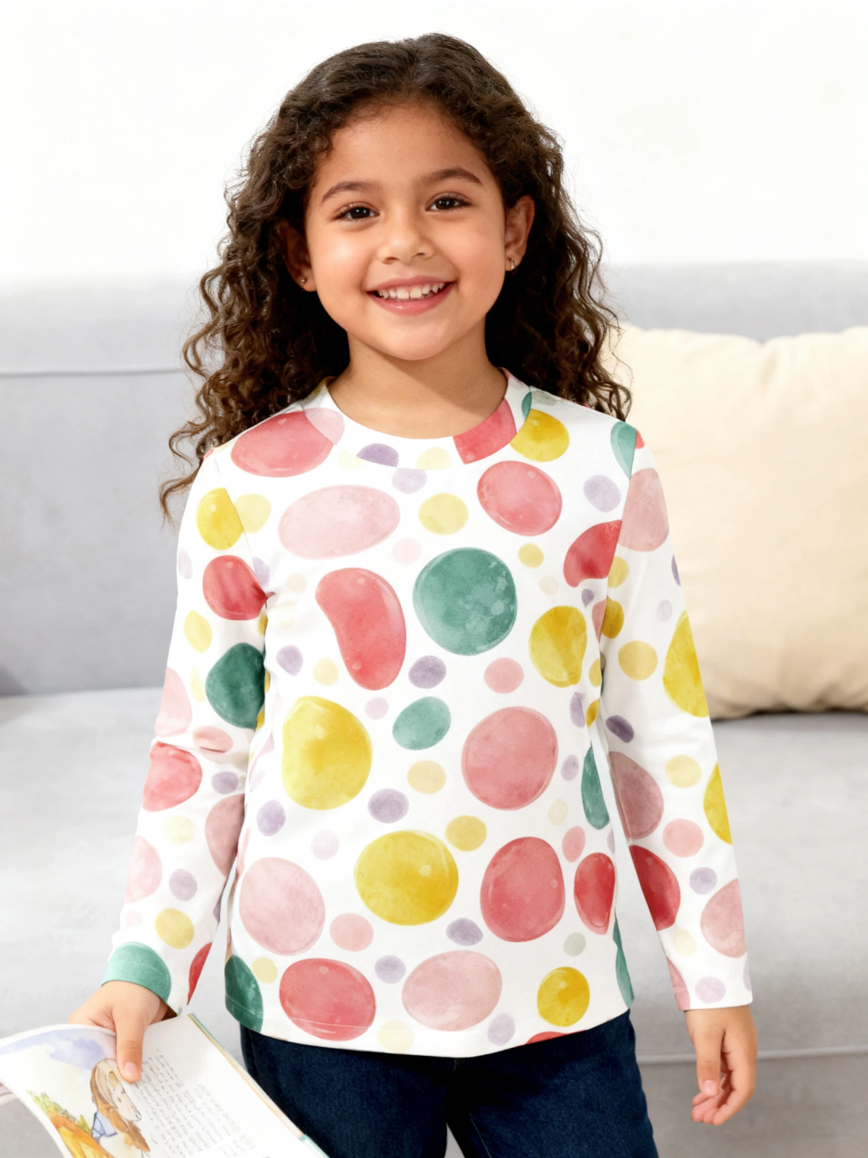 Vibrant watercolor polka dot children's long sleeves, cute pattern, soft touch