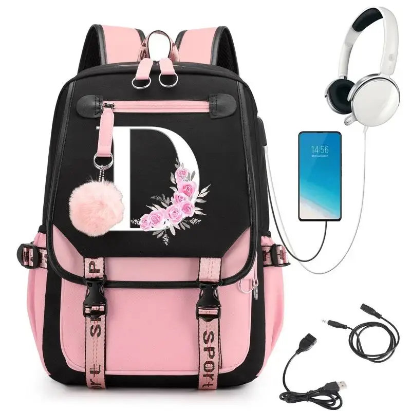 

School Backpacks Trend Cherry Blossom Black Gradient Pink 26 A-Z Alphabet Street Trend Sakura Fashion Zipper Aesthetic Backpack