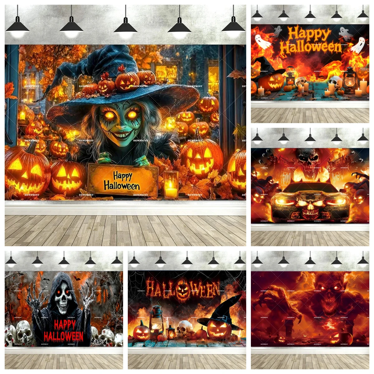 Dewprint Halloween Skull & Fire Design Banner Backdrop Witch Clowen Skull Decor Outdoor Party supplies Background Photography
