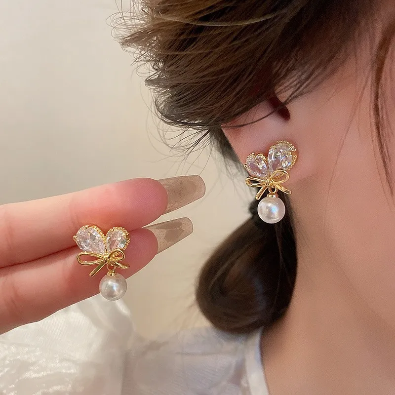 925 Silver Needle Korean Fashion Crystal Heart Bow Earrings For Women Jewelry 2024 Trending Women's Bowknot Pearl Drop Earrings