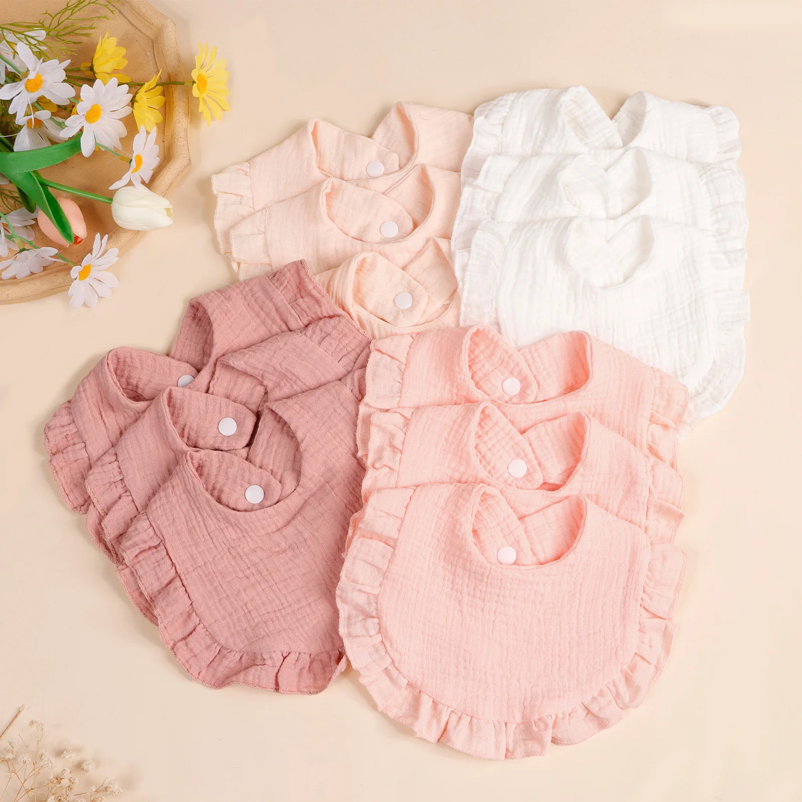 3pcs Solid Newborn Cotton Ruffle Bibs Set Kids Feed Drool Bibs Toddler Cute Salive Towel  Hot Sale Baby Burp Cloth Accessories