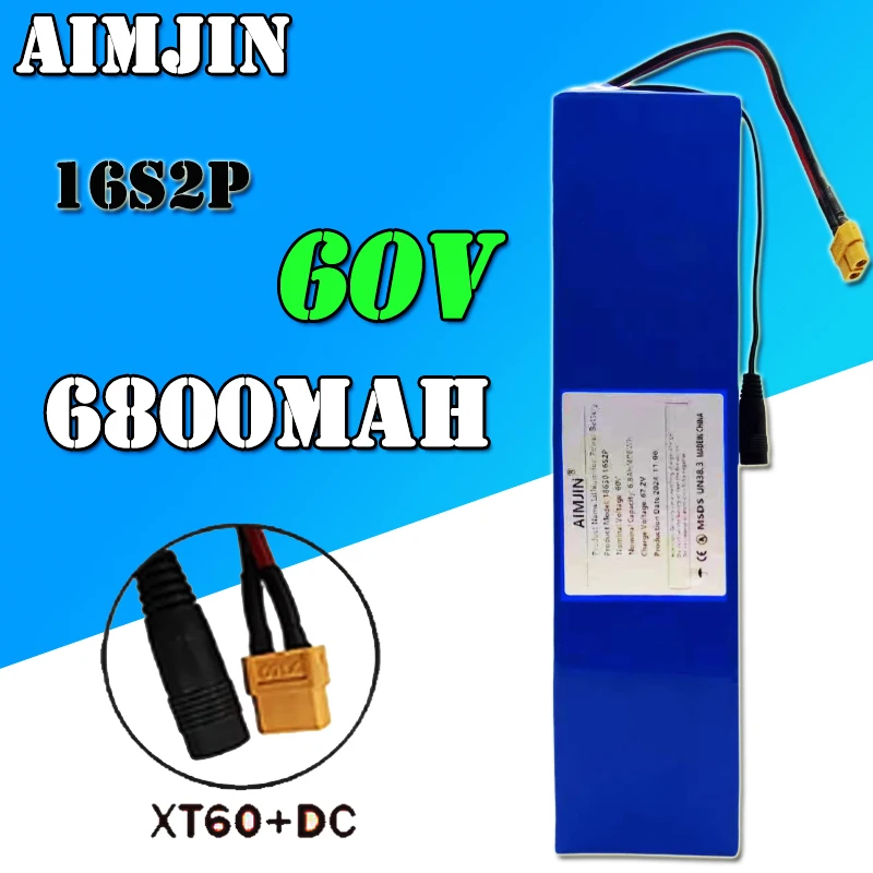 60V 16 s2p 6,8 ah 18650 baterai Li-ion isi ulang 67.2V Lithium Ion 6800mAh dengan BMS, pengisi daya