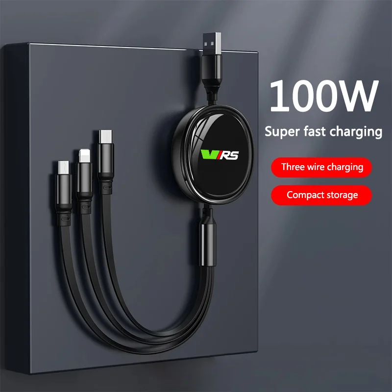 

3 In1 Micro Retractable 100W Fast Charge Cable For Skoda VRS Logo Skoda Octavia Rapid Kodiaq Superb Kamiq Interior Accessories