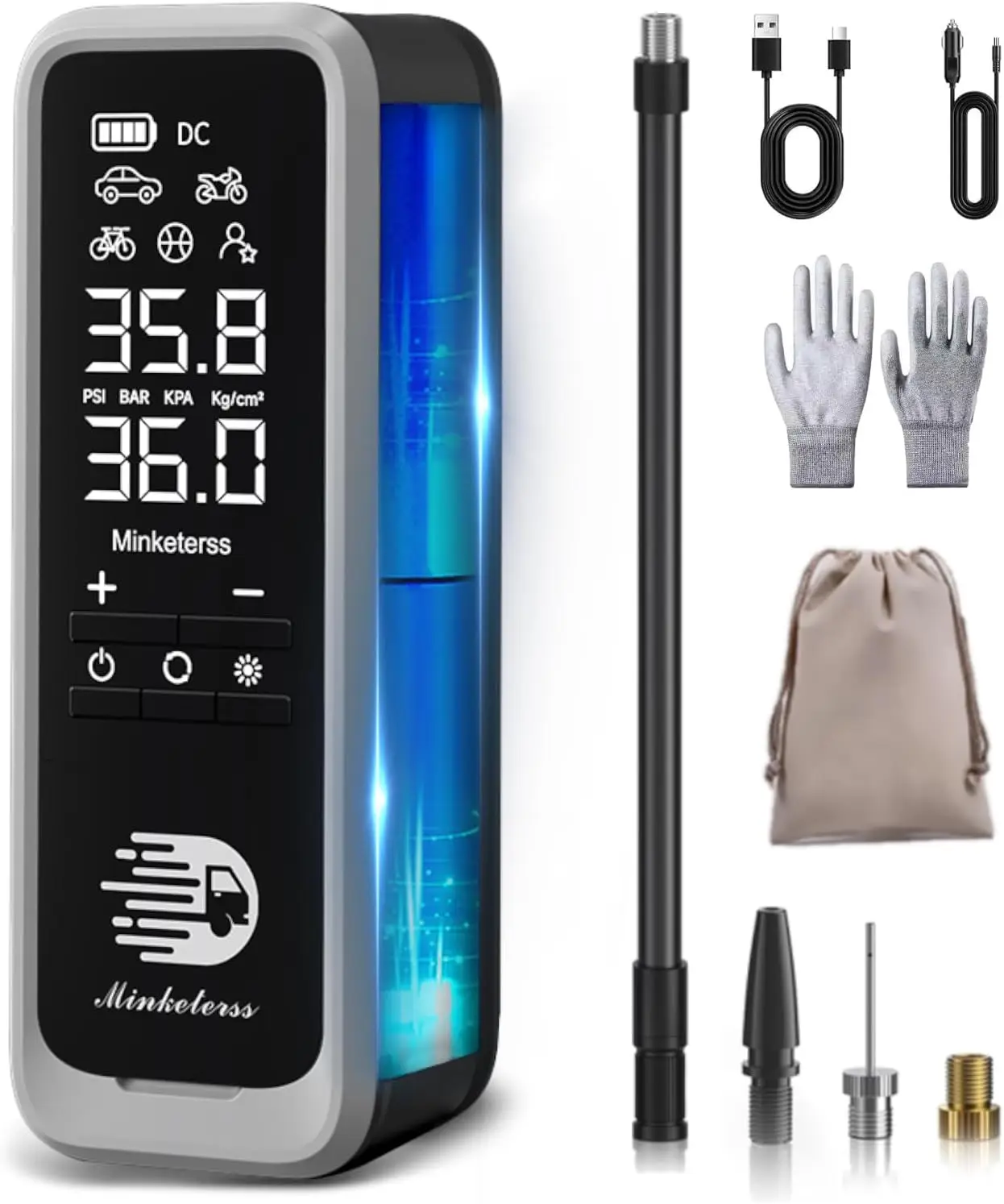 

Portable Tire Inflator 160 PSI 34L/Min 12V DC Air Compressor with Dual LCD Gauge, Auto Shut-Off, LED – for Cars, Motorcycles, Bi