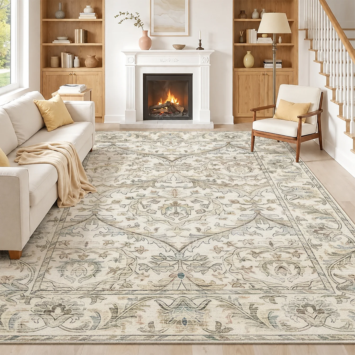 Large Indoor Area Rug, Soft Velvet Low Pile, Non-slip Dotted Backing, Machine Washable Vintage Distressed Oriental Pattern for Living Room, Bedroom, Neutral Toned Home Floor Decor