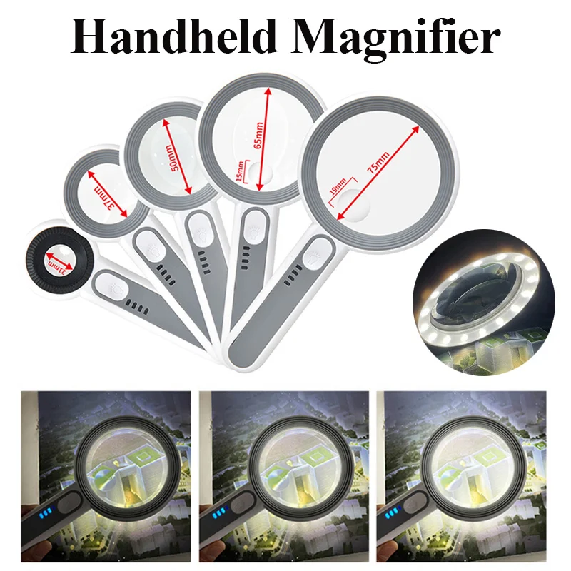 5X 6X 11X 12X Rechargeable Handheld Magnifier 3 Lighting Modes Illuminated Magnifying Glass with LED Light for Reading/Repair