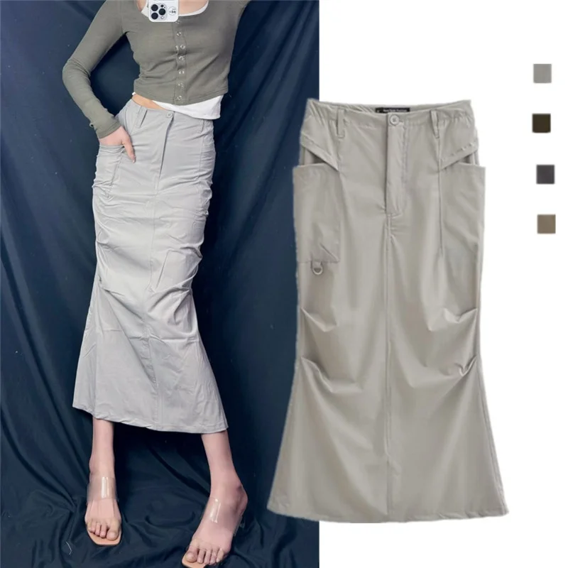 

Street Tail Temporary Date Design Sense Slit Mid-Length f Skirt Women's Retro Trend American Wrinkle Work Skirt