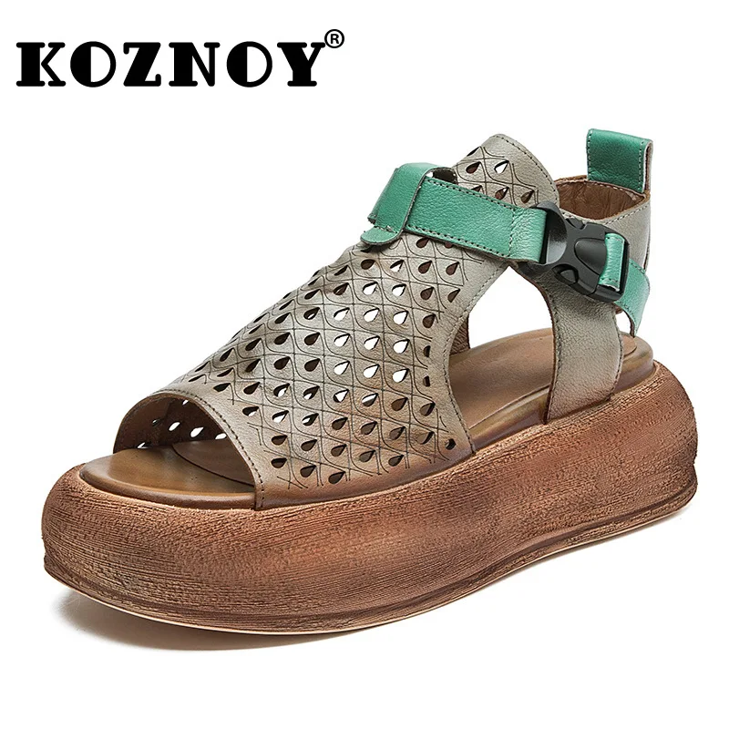 

Koznoy/женские сандалии из натуральной кожи 5 см с пряжкой, тапочки, туфли Мэри Джейн на плоской подошве, летняя платформа на танкетке с открытым носком, роскошные туфли на плоской подошве с крючком