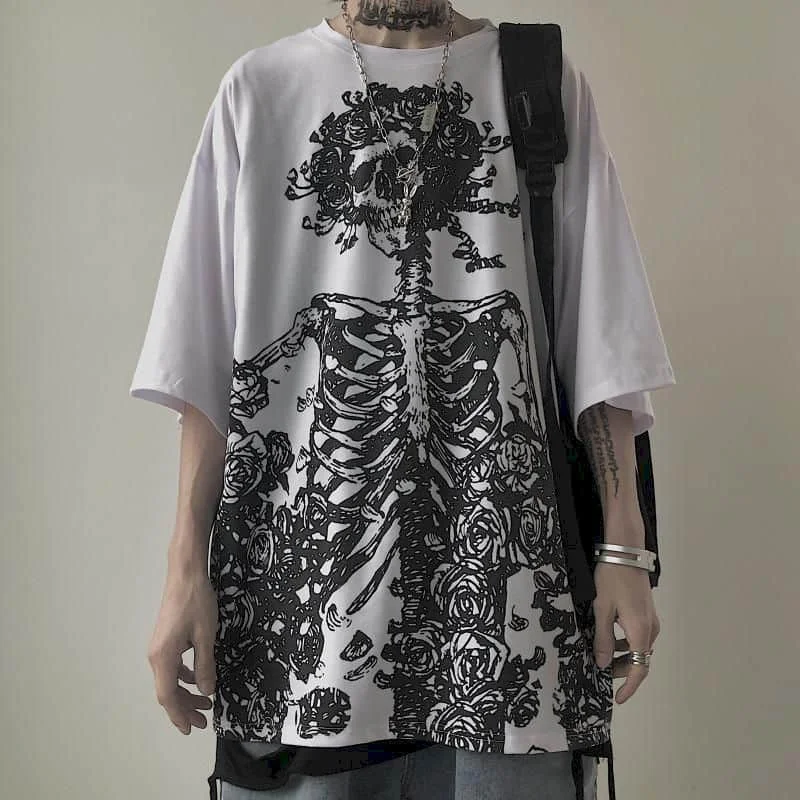 Herren T-Shirts 2026 Sommer Streetwear High Street Gothic Totenkopf T-Shirt Locker Geschnittenes Oversized Kurzarm-T-Shirt Dunkles Anime Herren Y2k – Detail 4