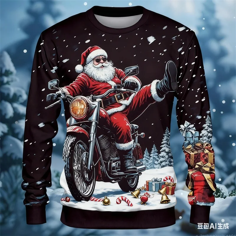 عيد الميلاد الرجال سانتا كلوز دراجة نارية بلوزات طويلة الأكمام طاقم الرقبة بارد الشارع نمط هوديس 3D الطباعة عطلة رياضية #3