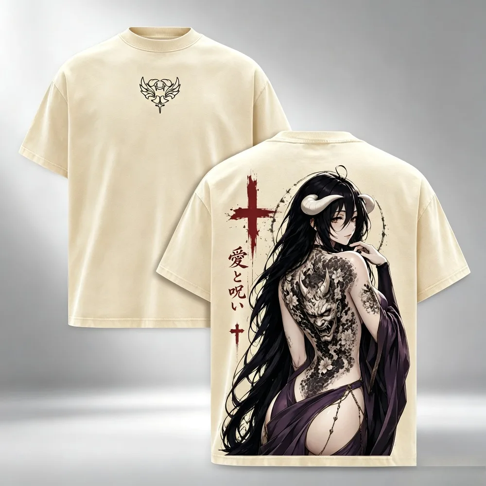 Anime Demon Girl Tattoo Graphic Men T‑Shirt Casual Streetwear Oversized Short Sleeve Tee Top