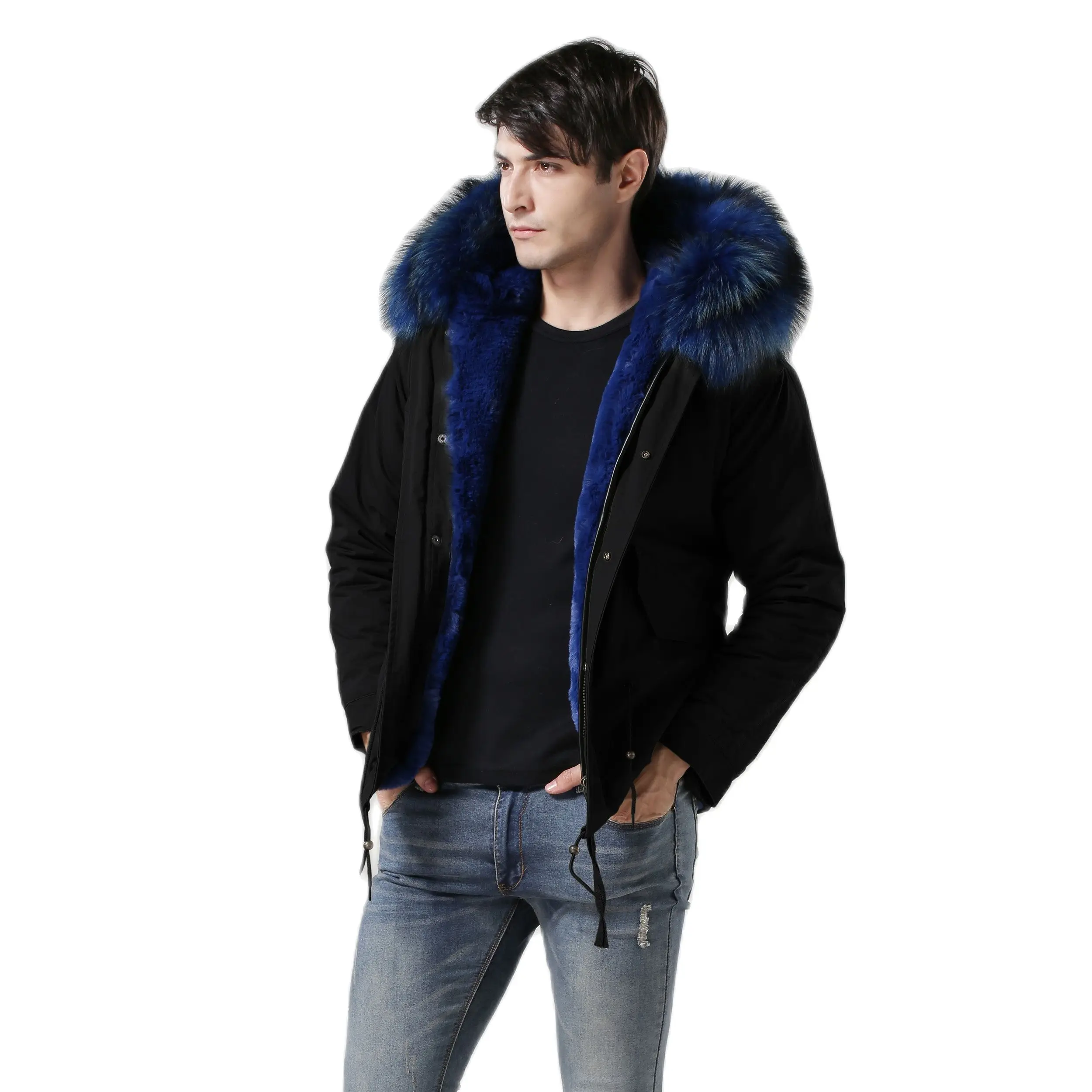 Blue Faux Fur Coat For Men Quilted Coat Short Garment Reversible Winter Clothes Collar Detachable