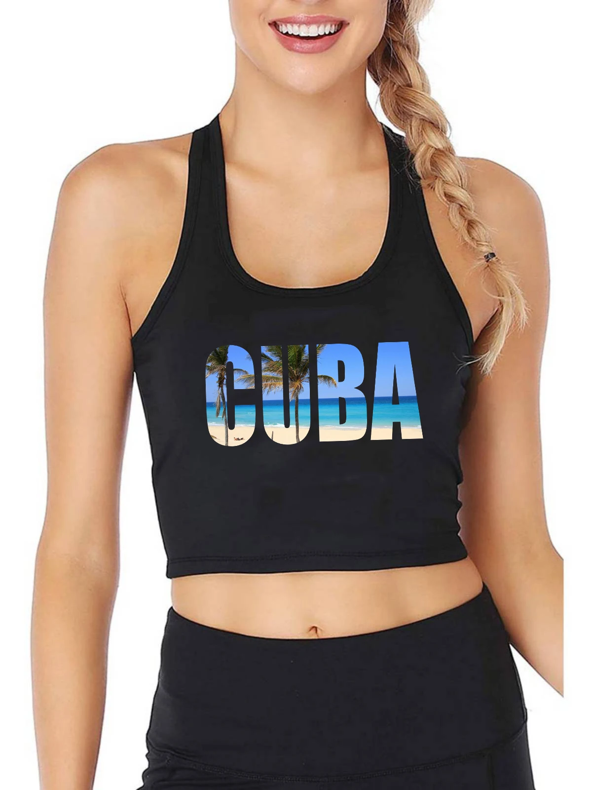 

Beach Scenery In Outline Of Cuba Graphics Design Sexy Slim Crop Top Girl's Holiday Style Pretty Tank Tops Cotton Sports Camisole