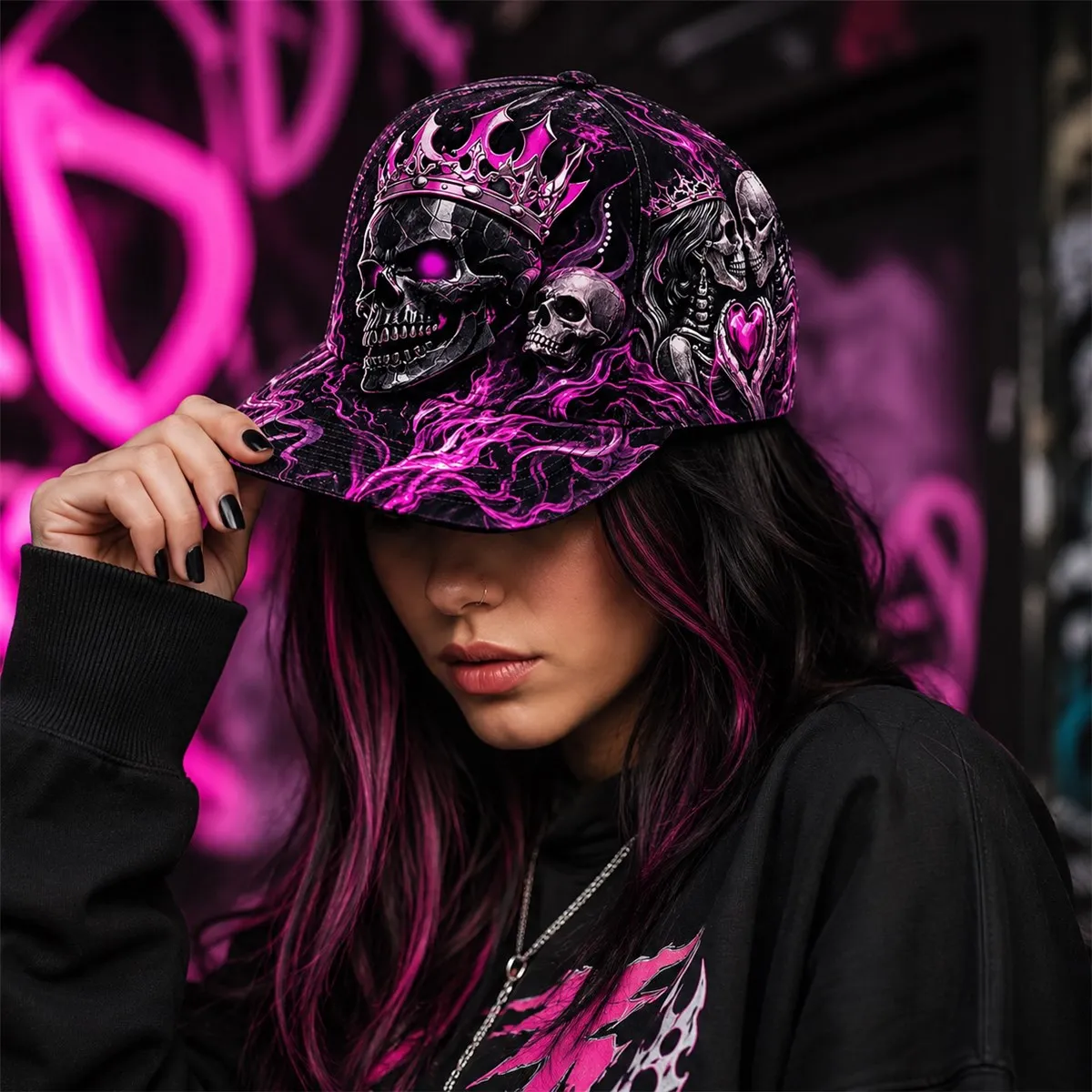 Custom Unisex Gothic Trucker Hat, Decorated With Pink Flame Skull And Couple Prints- Vintage Neon Street Style Hat, Suitable Eve