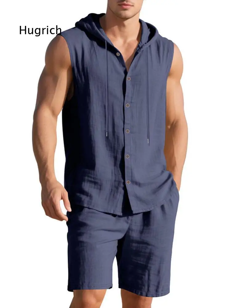 Summer Matching Set for Men Sleeveless Drawstring Hood Tank Shirt and Relaxed Fit Shorts for Outdoor Beach and Leisure Occasions
