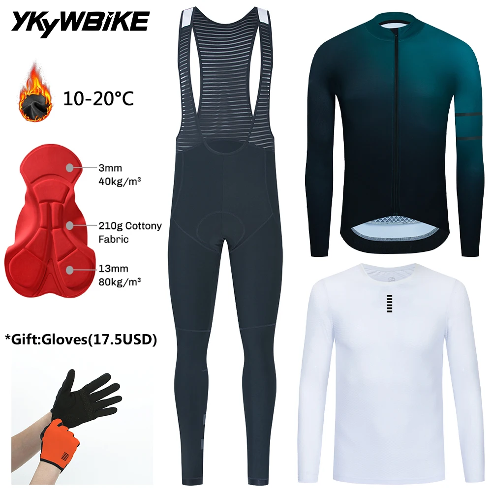 

YKYWBIKE Men's Cycling Clothing Winter 10-20°C Bicycle Sets Long Bib Pants Road Bike Long Sleeve Thermal Fleevce Riding Clothes