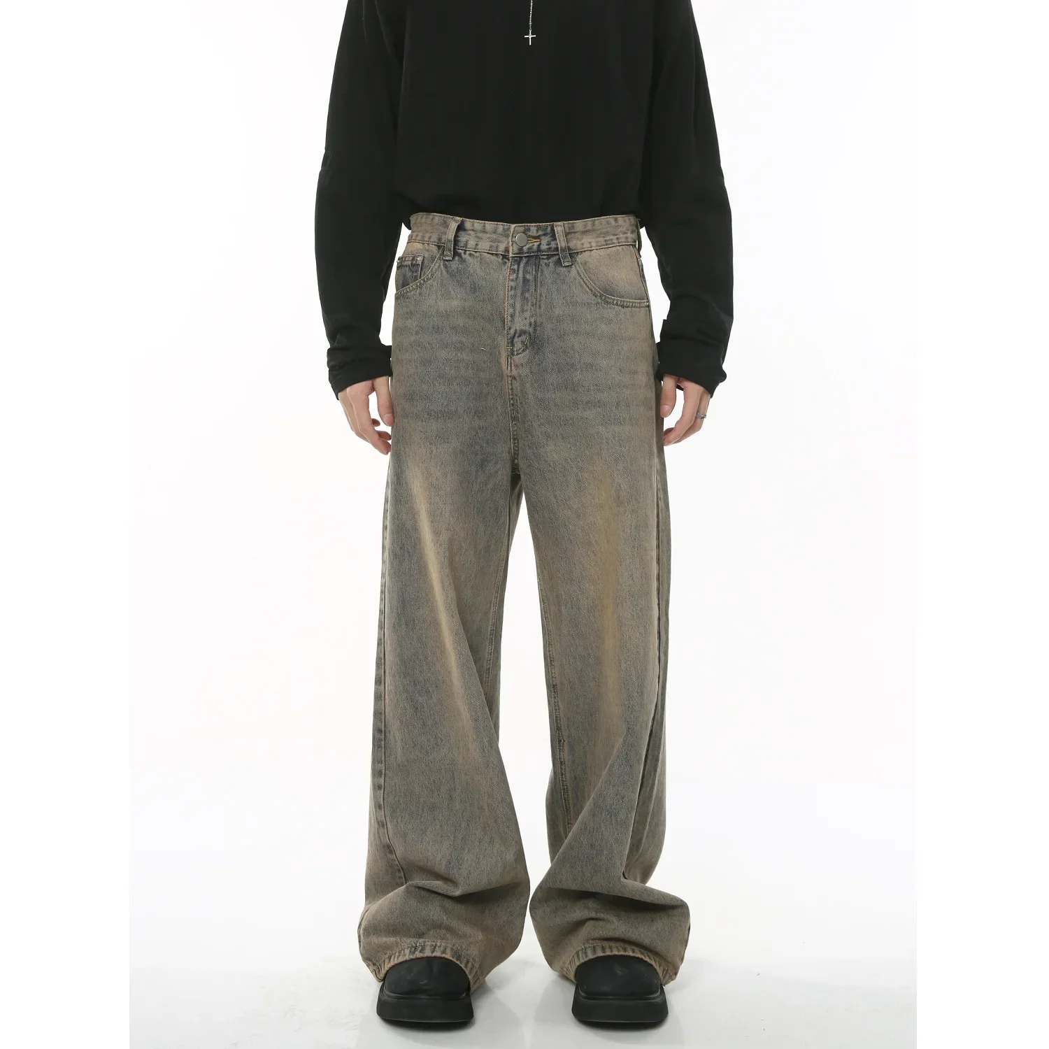 

Distressed Wide Leg Men Jeans Vintage Full Length Pants High Waist Washed Denim Jean Spliced Pockets Loose Fit Zipper Fly Man