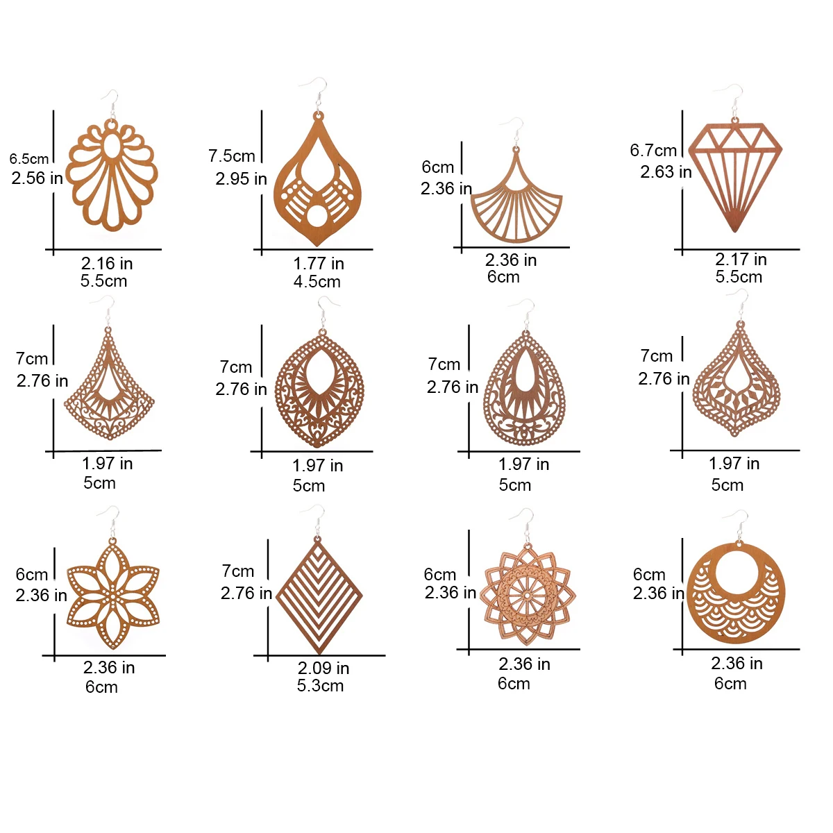 12 Pairs Vintage Water Drop Hollow Charms Carving Dangly Different Shapes Wood Earrings Bohemian Style Fall Winter Ear Ornaments