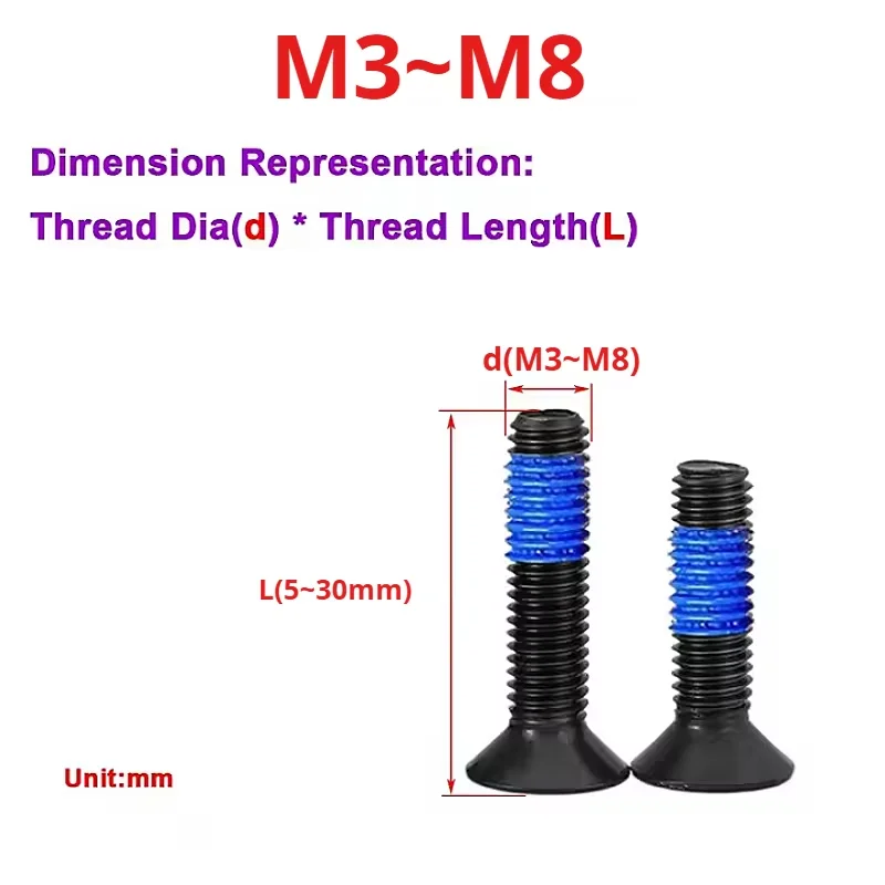 M3 M4 M5 M6 M8 Black 304 Stainless Steel Hexagon Socket Flat Countersunk Head Machine Screw Blue Dispensing Bolts