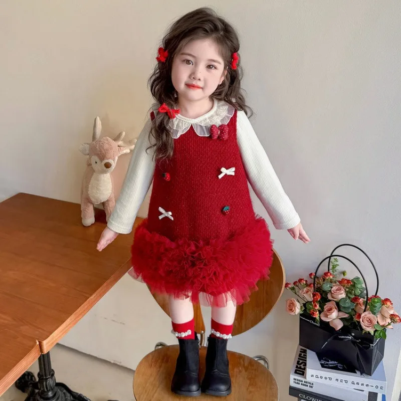 New Autumn Dress for Girls, Christmas Stylish Set, New Year Red Welcome Base Two-piece Set for Baby Girls
