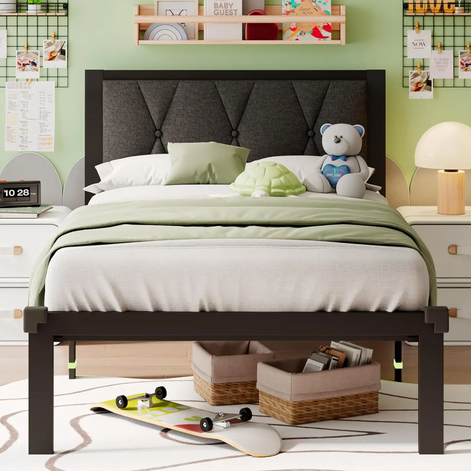 

Twin Metal Platform Bed Frame Tufted Headboard Slats Storage 12in Easy Assembly Gray,Customized
