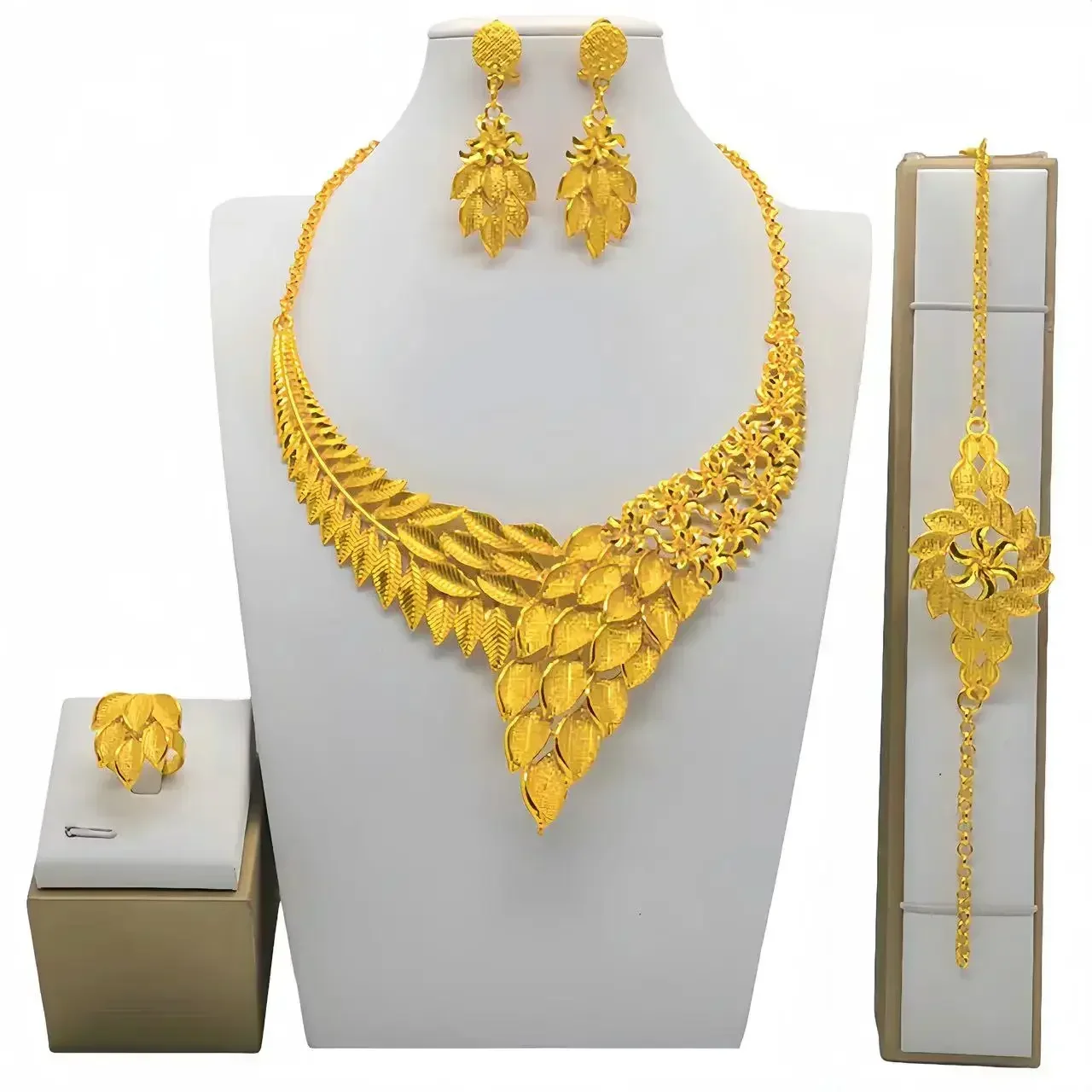 Fashion Indian Dubai Gold Color Long Necklace Earrings Ring Bracelet Jewelry Set Ethiopian African Jewellery Bridal Party Gifts