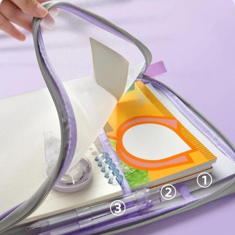 A4 ตาข่ายแฟ้มกระเป๋า 3 ชั้นขนาดใหญ่ความจุ L รูปร่างเปิดโปร่งใส Organizer นักเรียนสอบโฟลเดอร์เอกสารกระเป๋าเก็บ