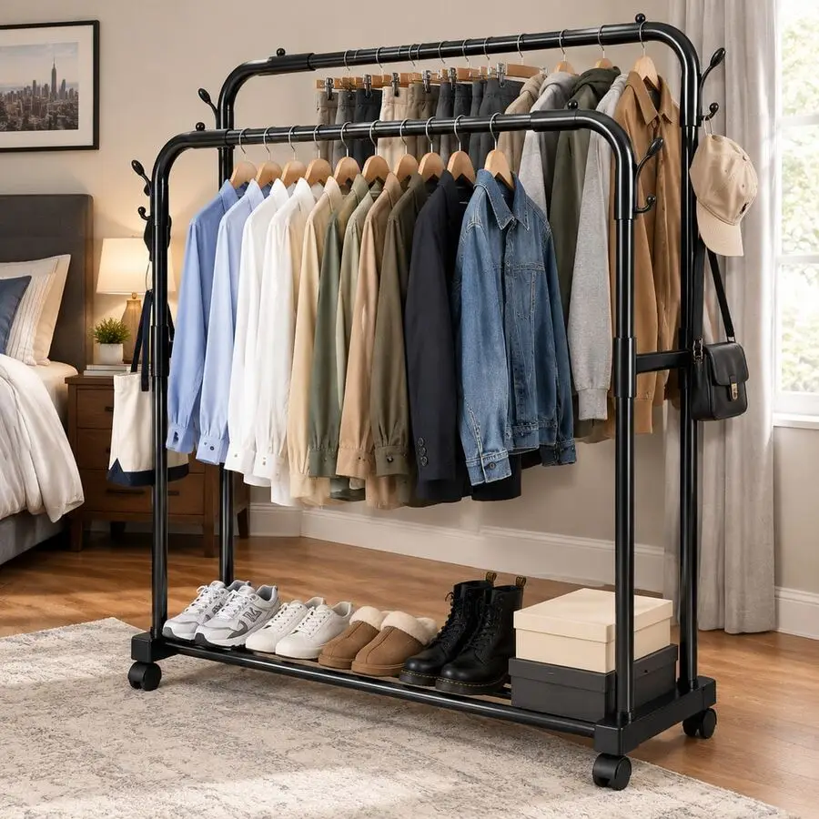 Heavy-Duty Rolling Clothes Rack, Two-Bar Independent Clothes Sorting Rack With Bottom Shoe Rack, Side Hook And Wheels, Suitable