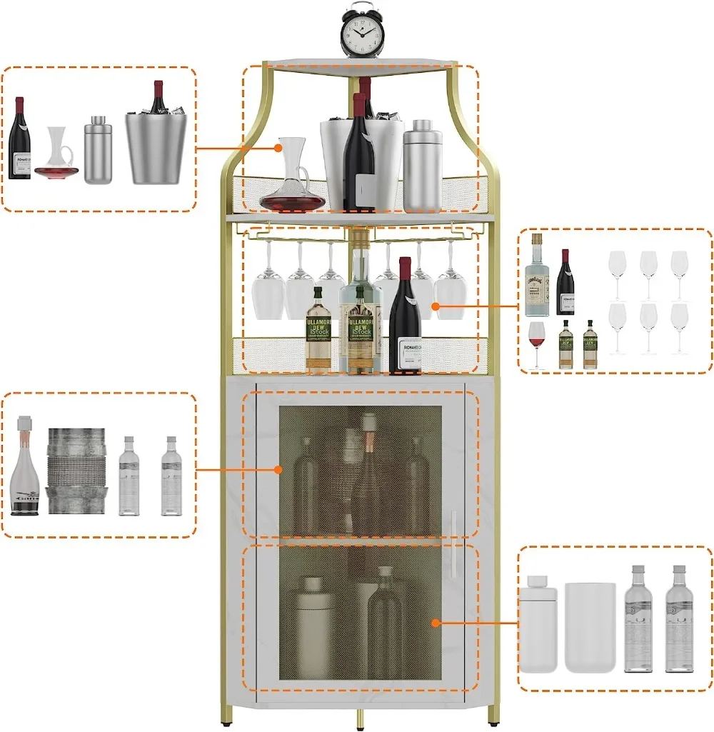 Wine Corner Cabinet with Removable Wine Rack, Cabinet and Wine Glass Bar Cabinet with Glass Rack and Mesh Door