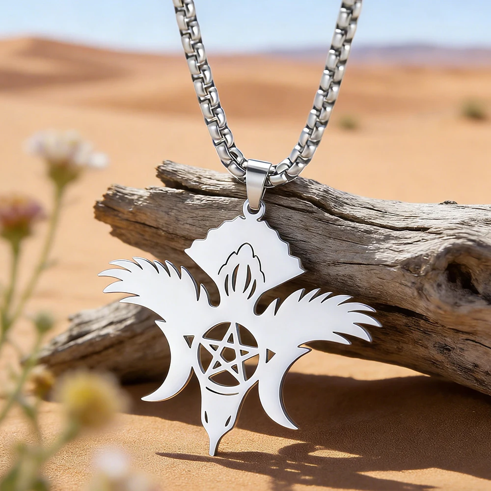 1pc Wiccan Triple Moon Goddess Raven Pentacle Necklace Vintage Pentagram Animal Totem Pendant Stainless Steel Jewelry