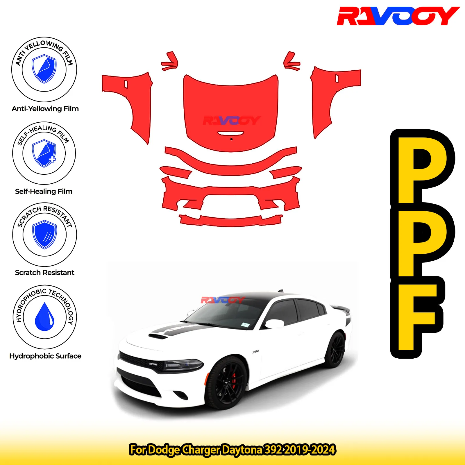 

Для Dodge Charger Daytona 392 2019-2024 глянцевый матовый черный предварительно вырезанный передний комплект PPF, защитная пленка для краски