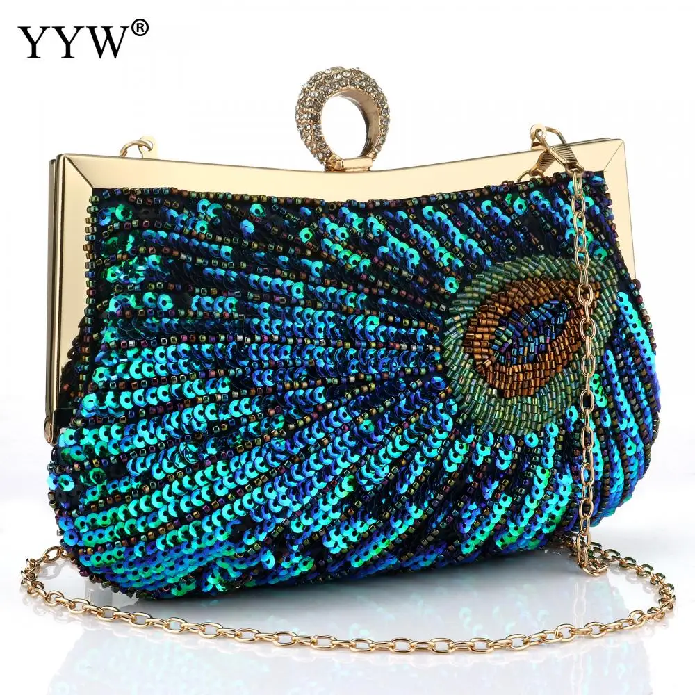 Sequined Evening Clutch Bags With Chain Handbags Sling Shoulder Bag Women Embroidered Beads Peacock Feather Glitter Clutch Purse