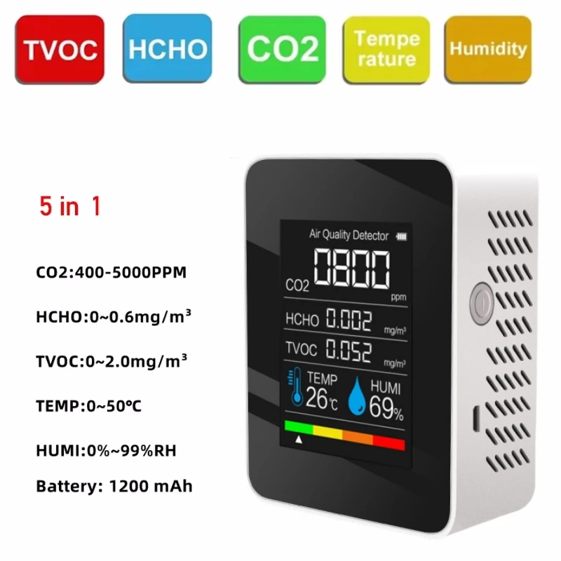 5in1 Multifunctional CO2 Meter Digital Temperature Humidity Tester Carbon Dioxide TVOC HCHO Detector Air Quality Monitor