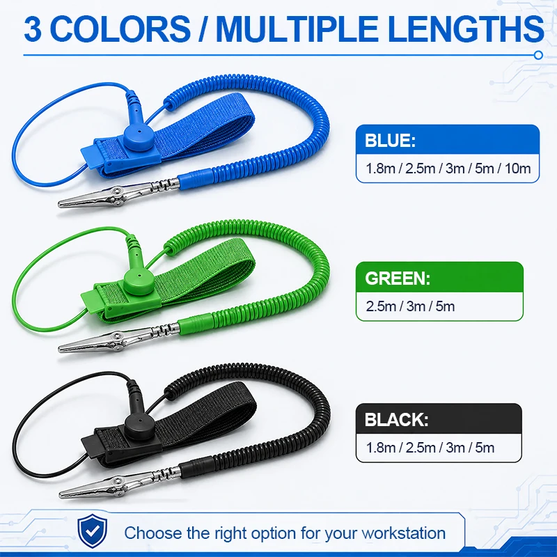 1,8m/2,5m/3m/5m/10m Verstellbares ESD Antistatik-Handgelenkband, PU-Spiralkabel Erdungsband für PC- und Handy-Reparatur, Statischer Schutz – Detail 6